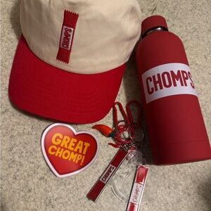 Chomps Hat, water bottle, two keychains chains and sticker